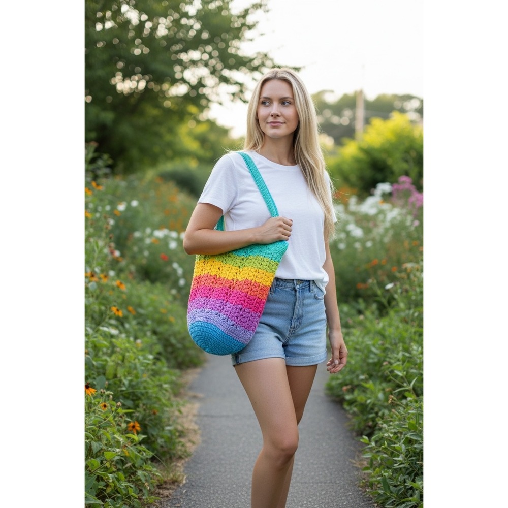 Handmade Rainbow‎ Multicolor Crochet Willow Mesh Market Bag Womens Cotton Tote